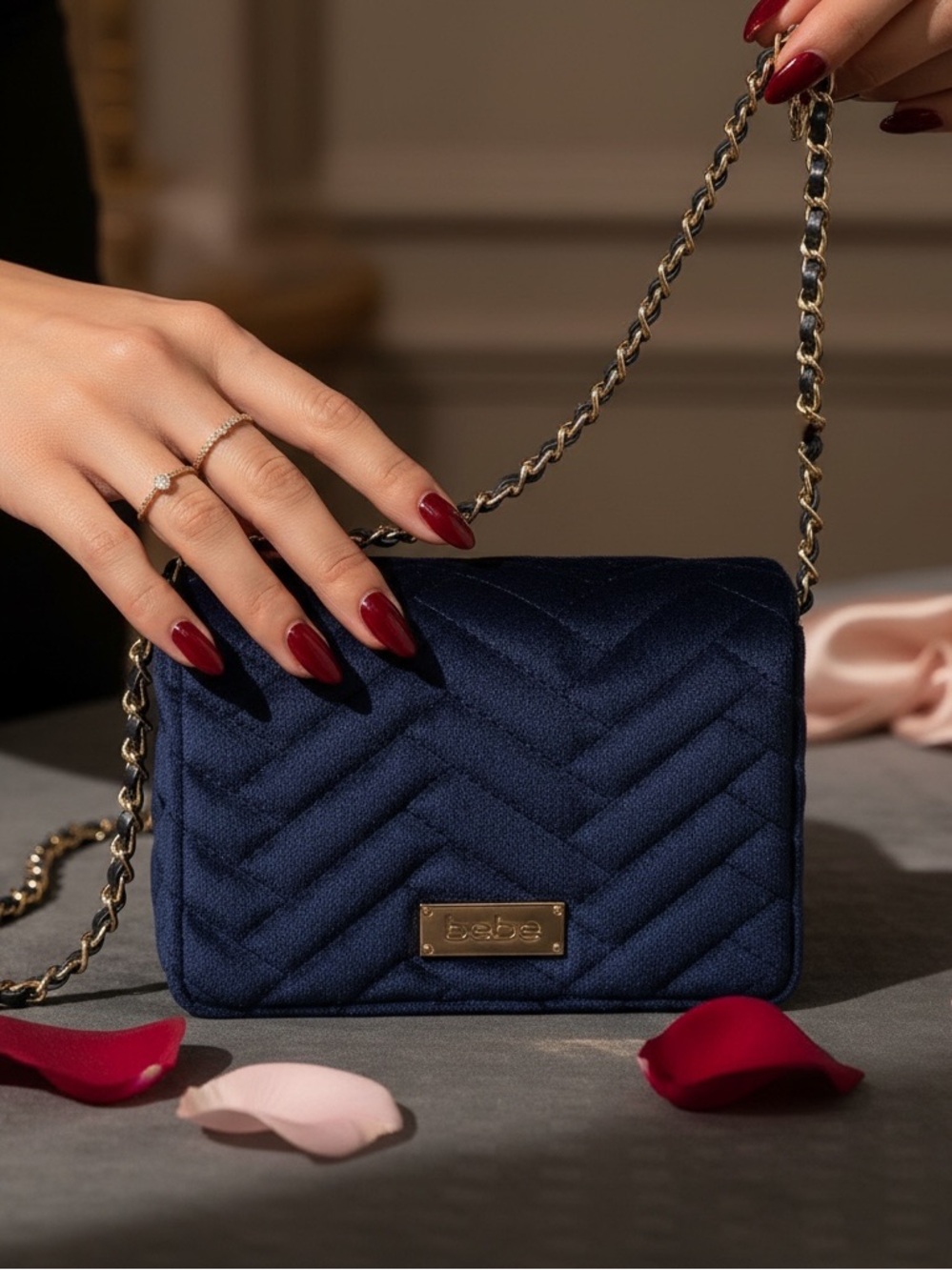 bebe Quilted Velvet Crossbody Bag - Deep Blue with Gold Hardware - Picture 1 of 9